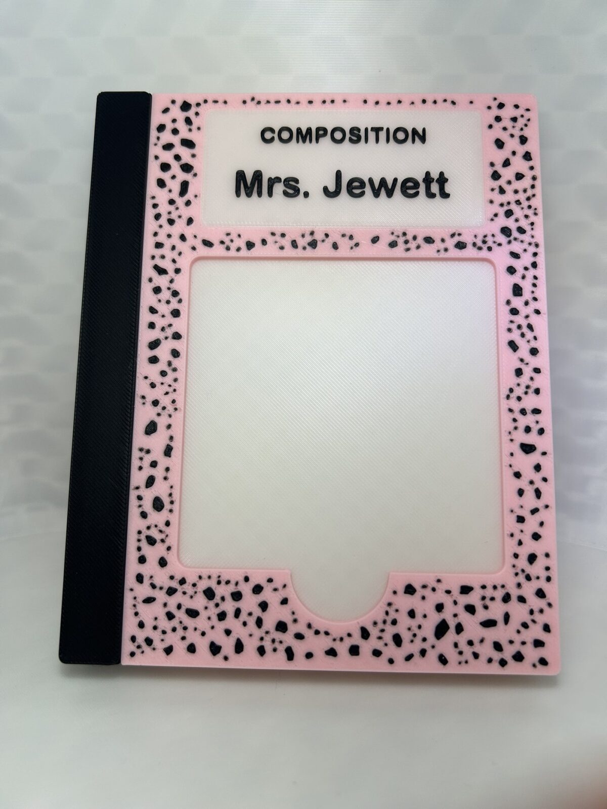 Pink marbled composition notebook sticky note holder personalised with the name Mrs. Jewett