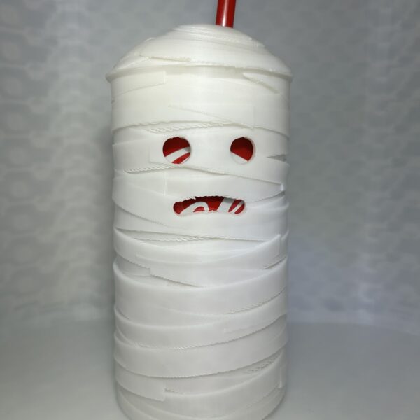White mummy drink can cover with bandage wrap, lid and straw